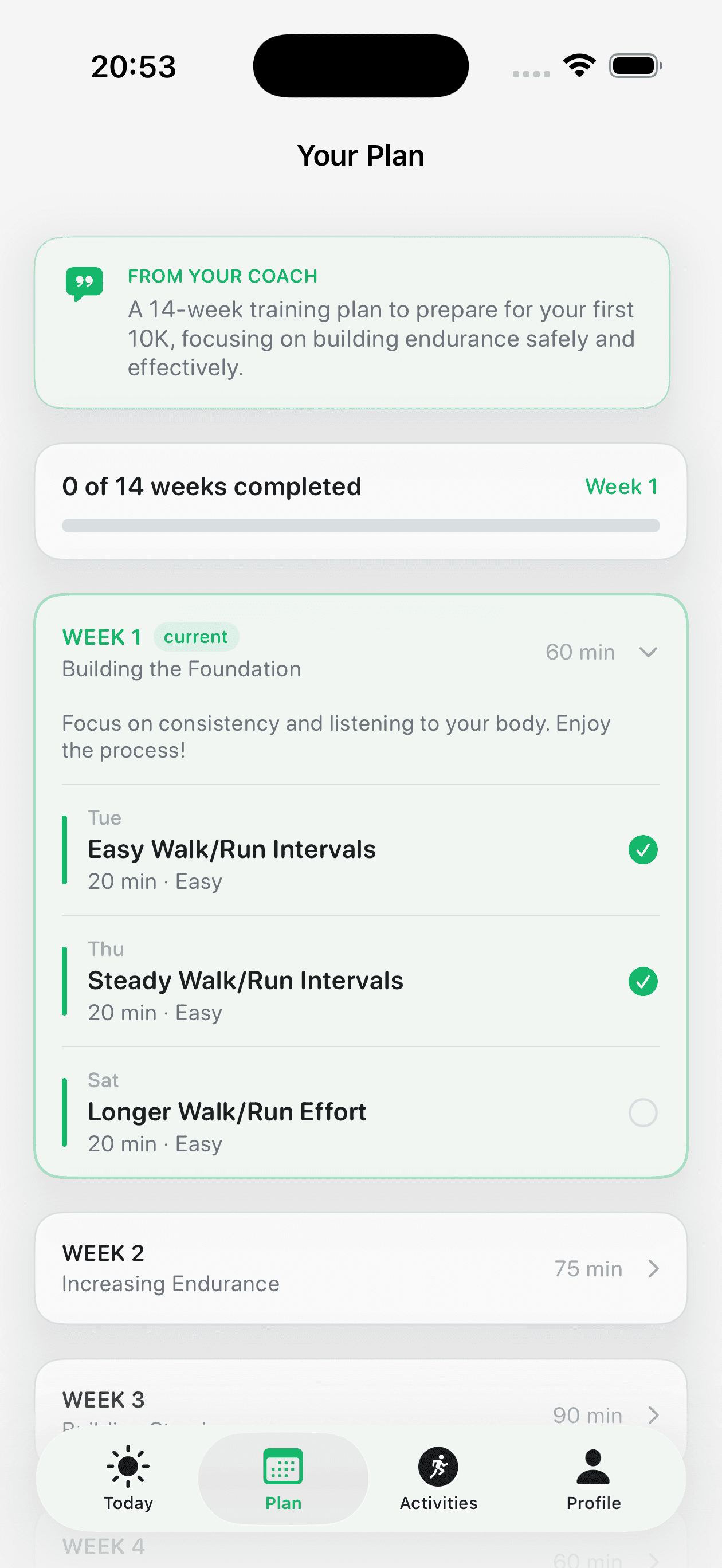 Runetic plan screen showing week one progression and scheduled beginner workouts
